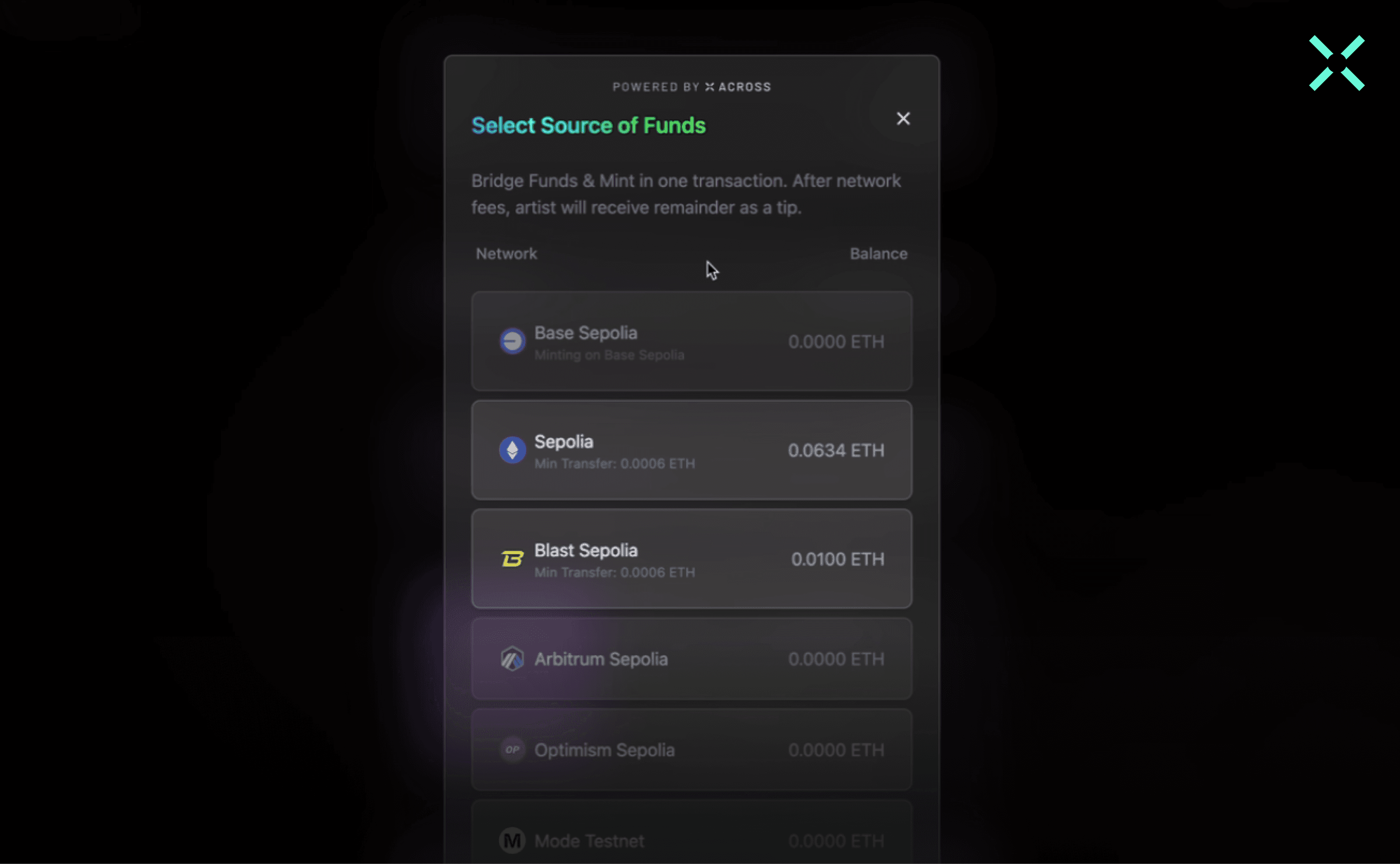 Intentions 2025 NFT Case Study Blog Post (UI SS) Users were able to choose which chain to pay gas from to mint their Intentions NFT on Base (testnet and mainnet).