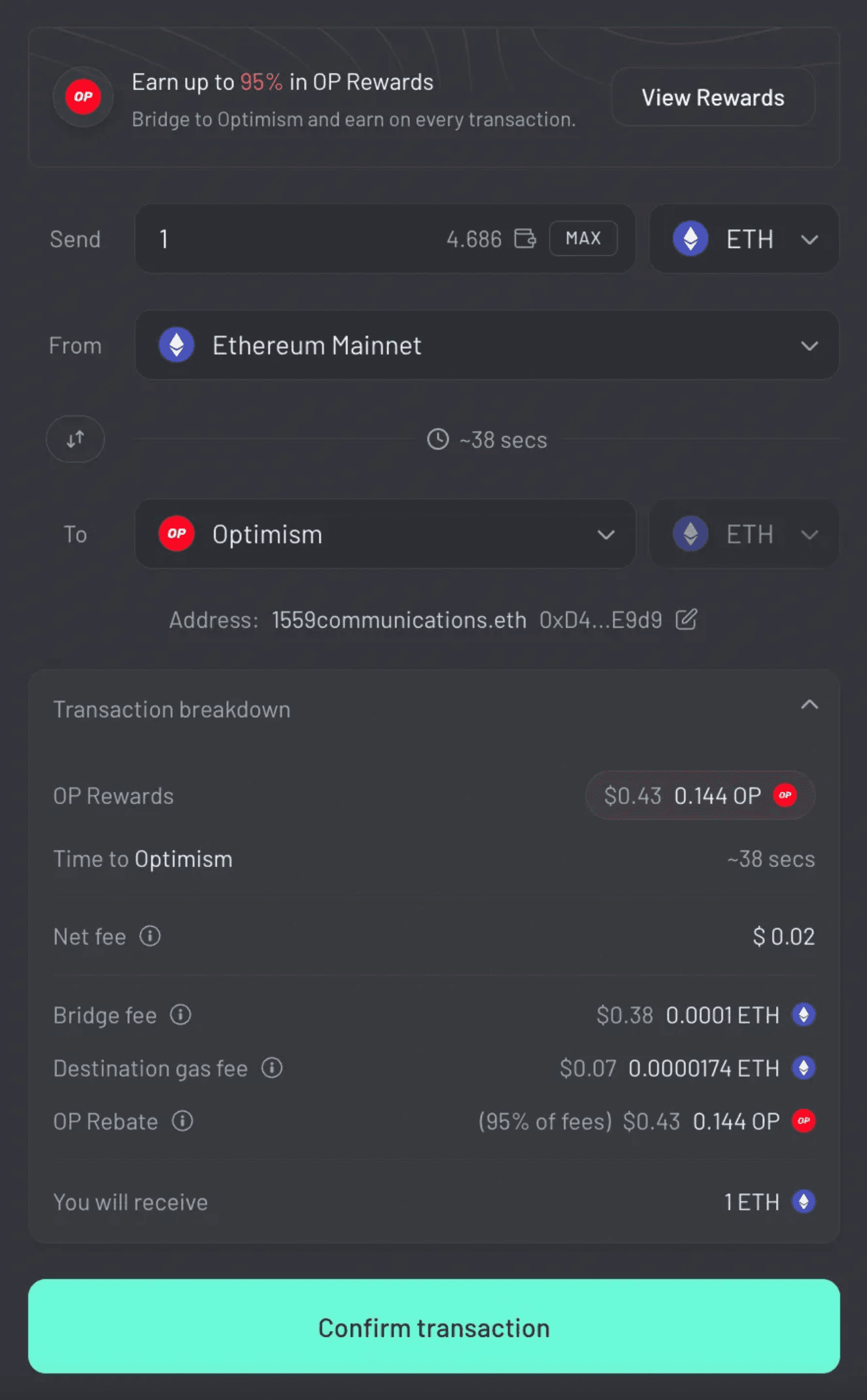 across-op-transfer Transferring funds from mainnet to Optimism with Across. If the user deposits 1 $ETH, they receive 1 $ETH, and the transfer costs are extremely low.