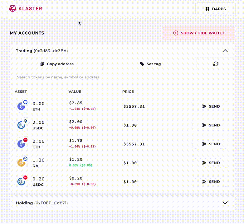 klaster-transfer Gas abstraction on Klaster. In this transaction, the user pays with $USDT to move funds to Arbitrum (Source: @klaster_io)