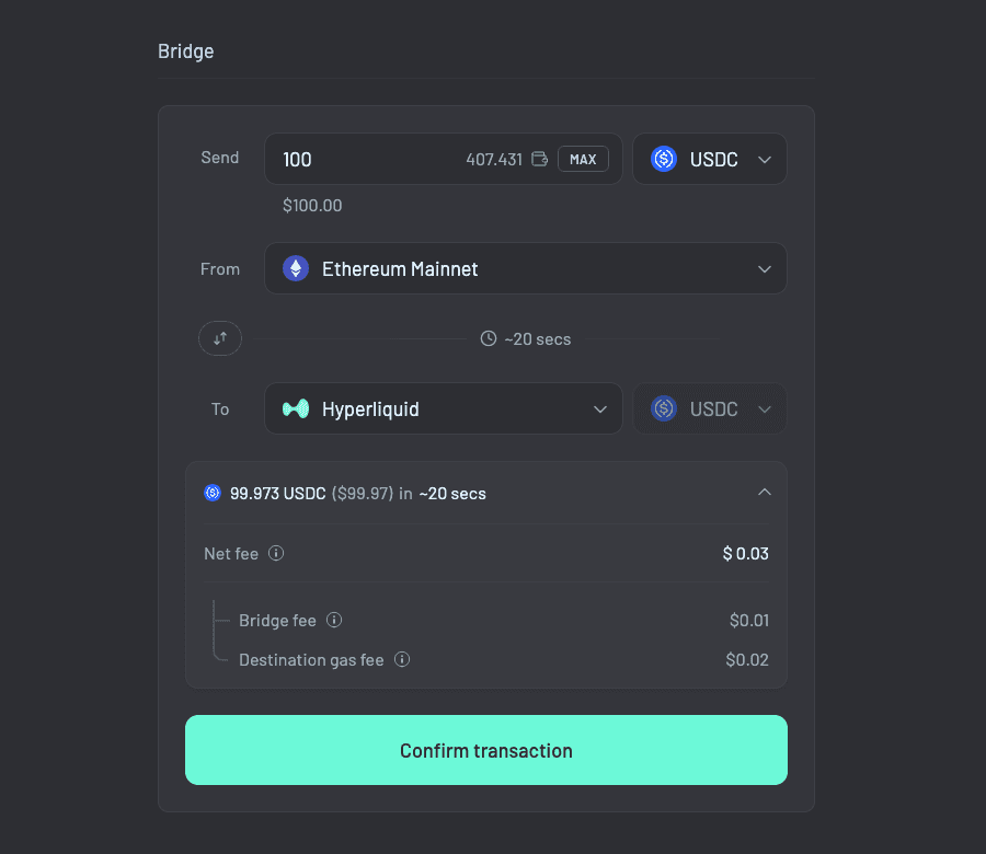 Hyperliquid Blog Post (Across Bridge UI with Hyperliquid SS) Bridge USDC to Hyperliquid within seconds with Across.