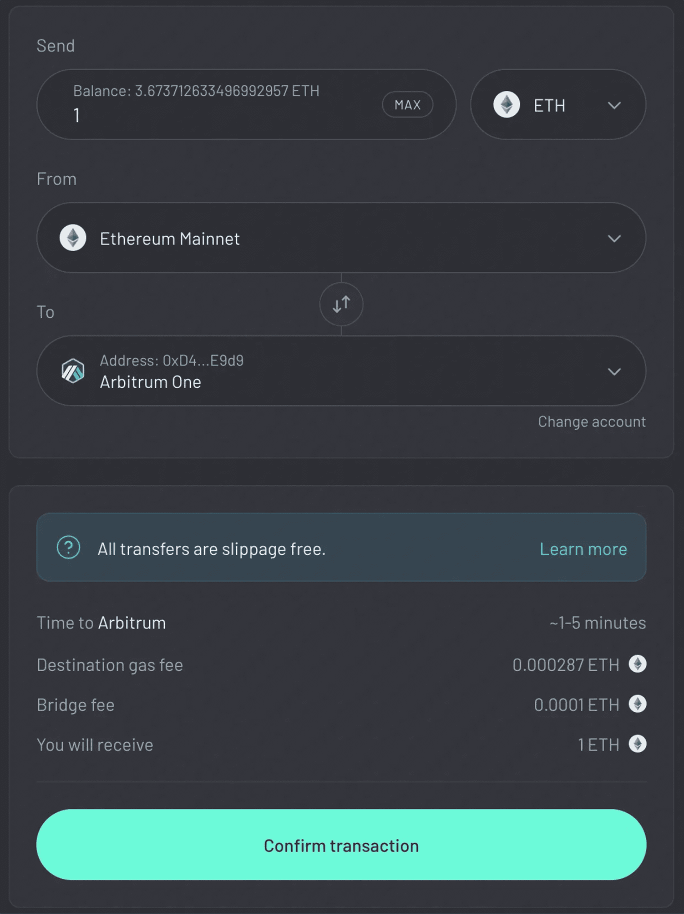 eth-arbitrum-transfer Across uses an intents mechanism to help users transfer canonical assets. So when someone deposits 1 ETH at the origin, they receive 1 ETH at the destination.